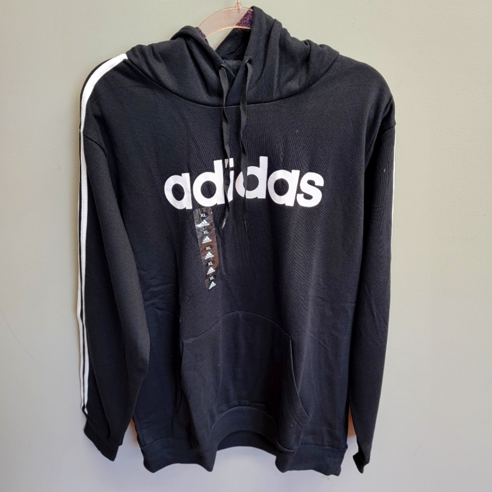 Adidas Logo NWT Men's Hoodie Black with White Stripes